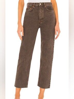 RE/DONE '70s Ultra High Rise Stove Pipe Jeans in Washed Chocolate Women Sz 32